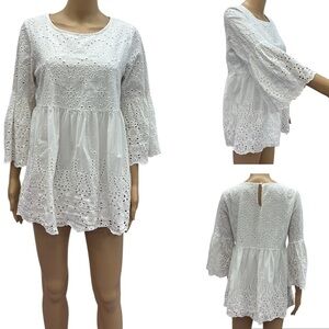 Calstyle Cotton White Eyelet Lined 3 Quarter Sleeve Blouse Top Womens Small